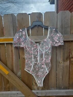 Sheer Floral Embroidered Lace Bodysuit - Pink